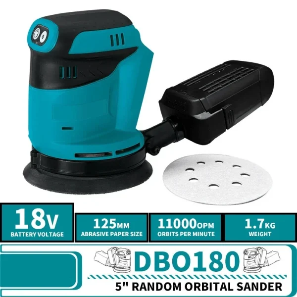 DBO180Z Random Orbital Sander 18V Rechargeable Lithium-Ion Battery 11,000 RPM Variable Speed ​​Control 123mm Pad Ergonomic Design Hook and Loop System