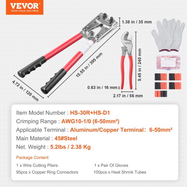 VEVOR Crimping Tool, AWG Copper And Aluminum Terminal Battery Lug Crimper, 6 Wire Sizes Crimping Die, With A Cutting Pliers, Gloves, 95pcs Copper Ring Connectors, And 100pcs Heat Shrink Tubes - Image 8