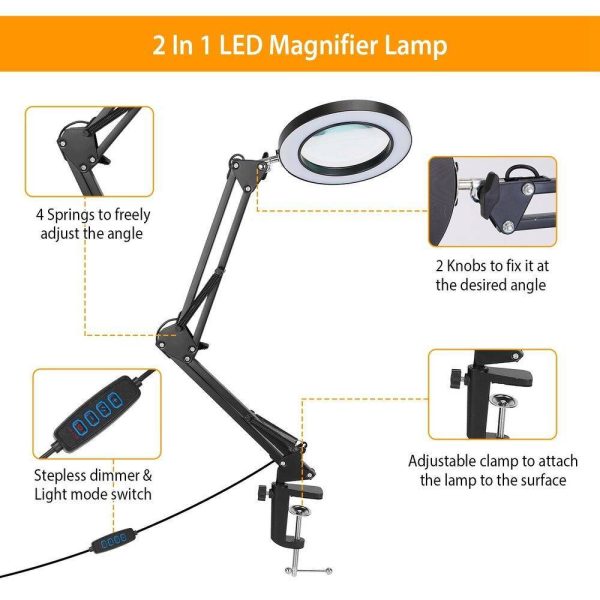 Magnifying Glass Desk Light Magnifier LED Lamp Reading Lamp With Base& Clamp 10X - Image 2