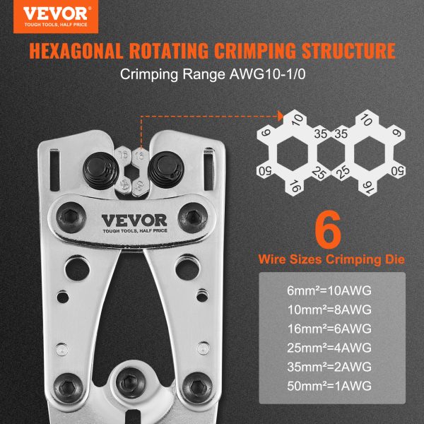 VEVOR Crimping Tool, AWG Copper And Aluminum Terminal Battery Lug Crimper, 6 Wire Sizes Crimping Die, With A Cutting Pliers, Gloves, 95pcs Copper Ring Connectors, And 100pcs Heat Shrink Tubes - Image 2