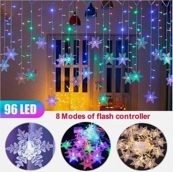 Christmas 96 LED Curtain Window Snowflake String Fairy Lights Waterproof Decor - Image 5