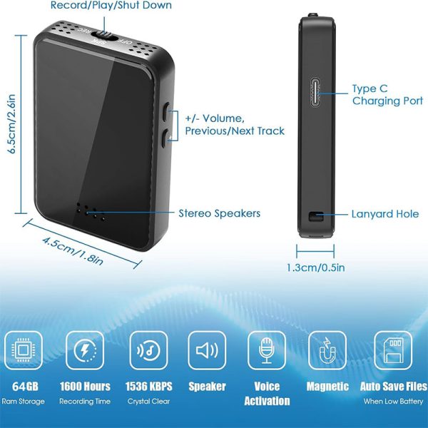 Voice Recorder, Extra-long Standby, Stereo Speaker, Built-in Magnet, Black Mirror - Image 10