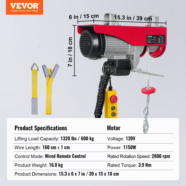 VEVOR Electric Hoist, 1320 Lbs Lifting Capacity, 1150W 110V Electric Steel Wire Winch With 14ft Wired Remote Control, 40ft Single Cable Lifting Height & Pure Copper Motor, For Garage Warehouse Factory - Image 4